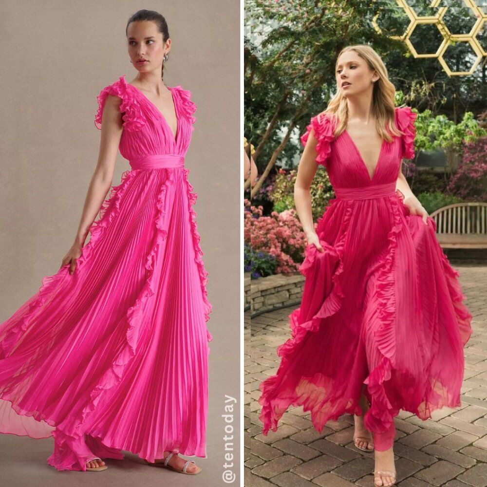 Mac Duggal 49539 Size 10 Pink Pleated Ruffle Ruffles V-Neck Long Maxi Gown Dress